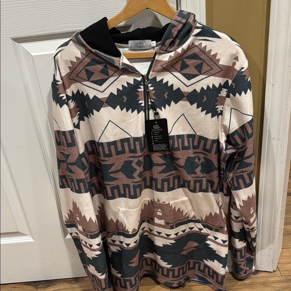 Brown and Green Geometric Sweatshirt with Southwestern Pattern